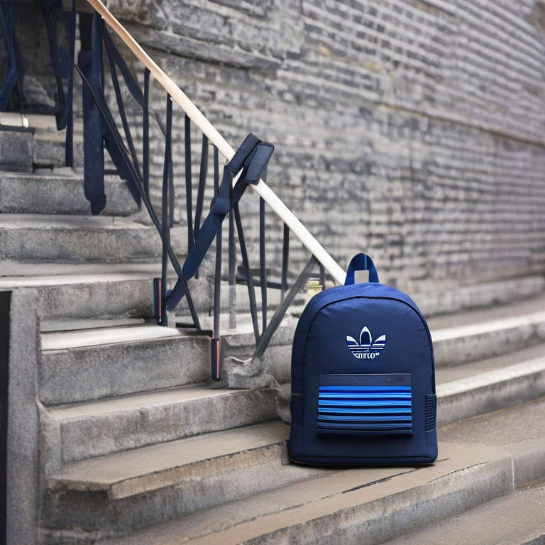 Blue Adidas backpack on stone steps with a textured wall background.