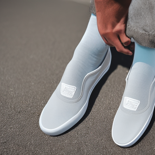 Close-up of stylish gray Vans slip-on shoes on pavement.