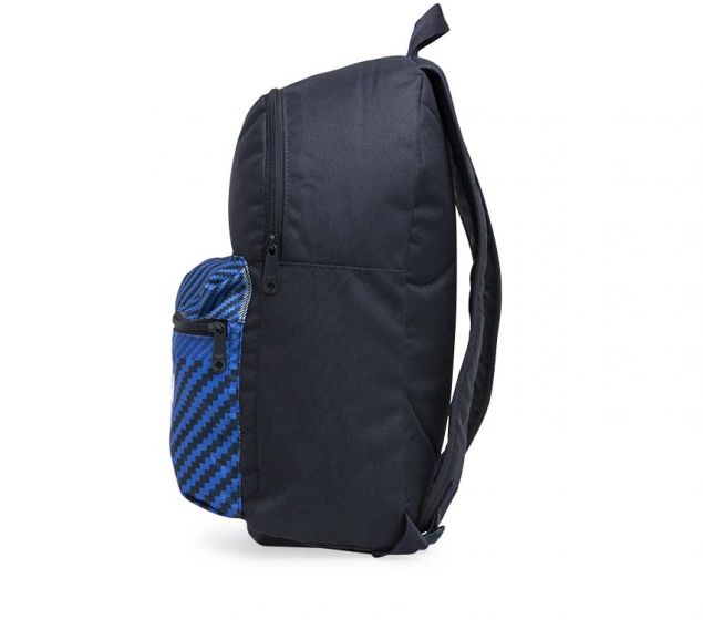 a backpack with a blue and black checkered pattern