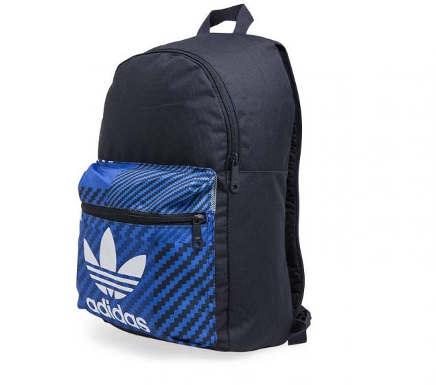 a backpack with a blue and black pattern