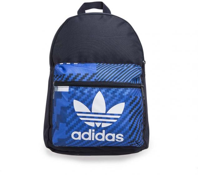 a blue backpack with a white adidas logo on it