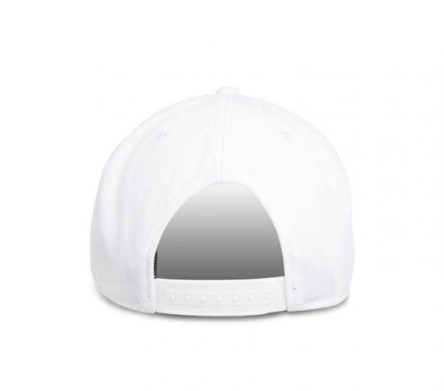 the back of a white hat with a white visor